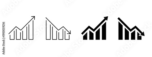 Business analytics icon set with bar charts showing growth and decline trends. Upward and downward arrows for financial performance, statistics, revenue increase or loss for reports and dashboards.
