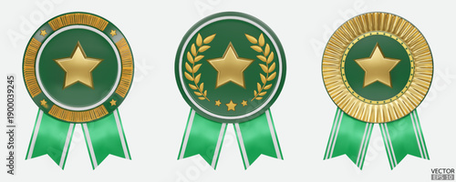 Set of 3D quality guarantees green medals with gold star and ribbon. Green badge warranty icon. Realistic graphics Certificate Badge, award badge, winner trophy prize. 3D vector illustration.