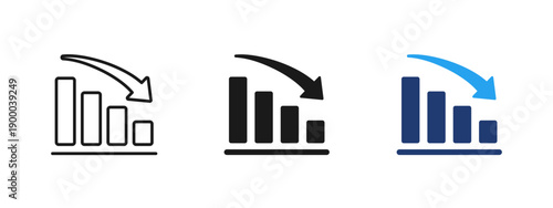 Falling bar chart icon showing business decline and negative trend. Analytics and statistics illustration for financial loss, revenue decrease, market downturn, recession and performance analysis.