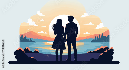 Couple holding hands at sunset with serene landscape and reflections