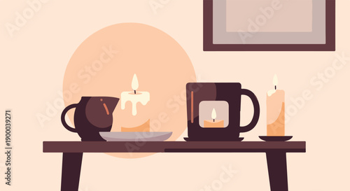 Cozy scene with candles and coffee set on a table