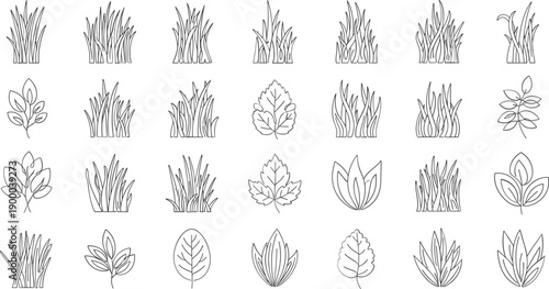 Collection of simple grass and leaf illustrations