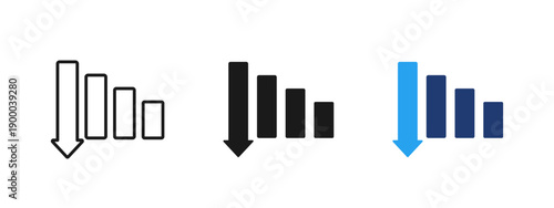Falling bar chart icon showing business decline and negative trend. Analytics and statistics illustration for revenue decrease, financial loss, sales drop, market downturn and crisis reporting.