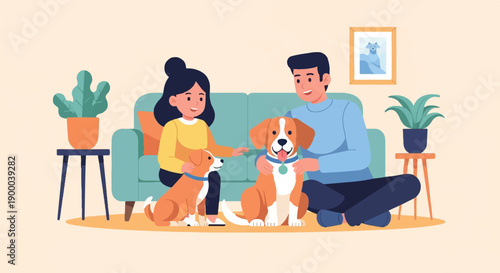 Couple happily petting their dogs on a sofa with potted plants