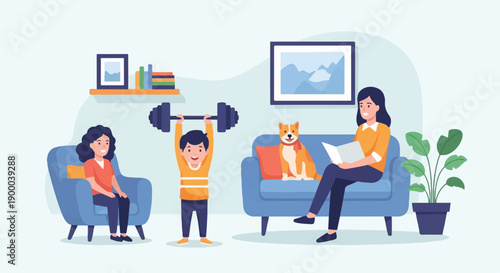 Family enjoying indoor activities workout, reading, and pet companionship