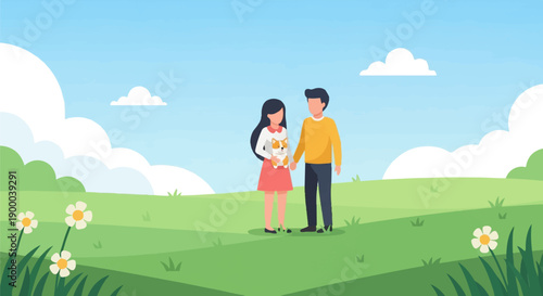 Couple holding a dog in a grassy field with daisies and clouds