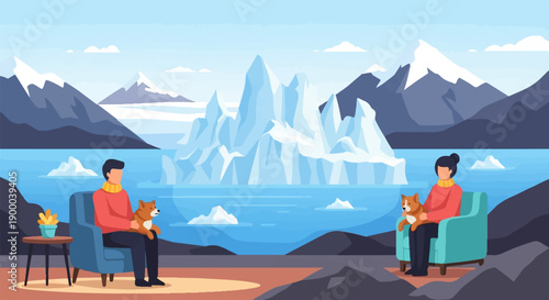 Cozy scene with people and dogs overlooking icy arctic landscape
