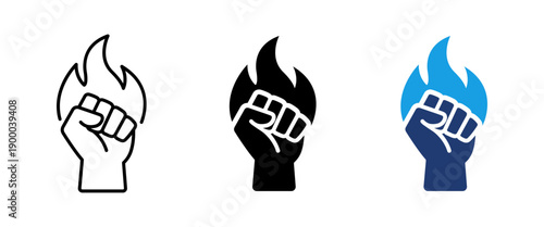 Empowerment and strength icon with raised fist and flame. Symbol of power, motivation and inner energy. Leadership concepts, personal growth, confidence themes and inspirational business projects.