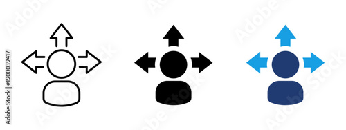 Decision making icon with person and multiple directions. Symbol of choice, responsibility and control. Ideal for leadership concepts, management roles, strategic planning and business decision.