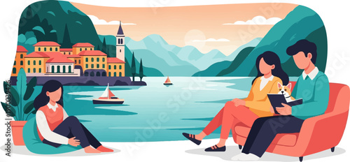 Couple enjoys serene lakeside with mountains and town view, with a dog