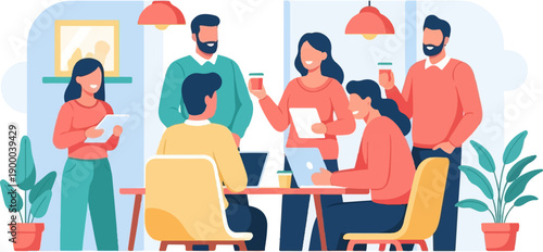 Diverse team collaborating in a bright, modern office with plants and tech