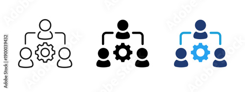 Team management and workflow icon with people connected to a central gear. Symbol of coordination, collaboration and organized work. Ideal for business processes and team structure.