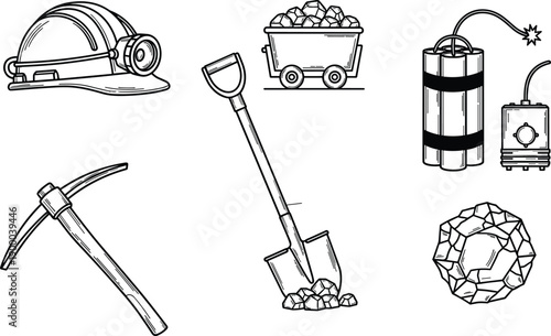 Mining industry tools collection featuring helmet pickaxe shovel dynamite coal cart rocks vector illustration set isolated