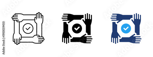 Teamwork and approval icon with hands around a check mark. Symbol of agreement, trust and shared success. Ideal for business approval, collaboration concepts and corporate projects.