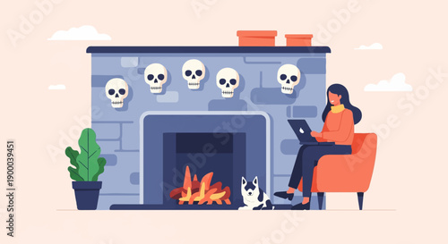 Cozy skull-themed fireplace scene with person and dog