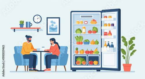 Couple enjoys refreshments near a fully stocked refrigerator in a cozy room setting