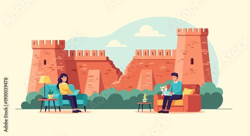 Couple relaxing indoors with pet, ancient fortress backdrop