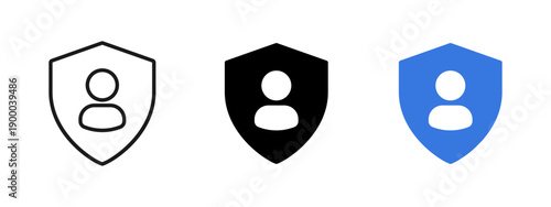 User security icon with person inside shield. Symbol of protected profile, privacy and secure account. Ideal for cybersecurity concepts, secure login screens, data protection and user safety in UI.