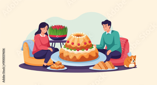 Couple enjoys festive cake and pastries with a small dog nearby