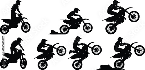 Motocross rider silhouettes performing jumps and wheelies on dirt bike isolated on white background illustration set