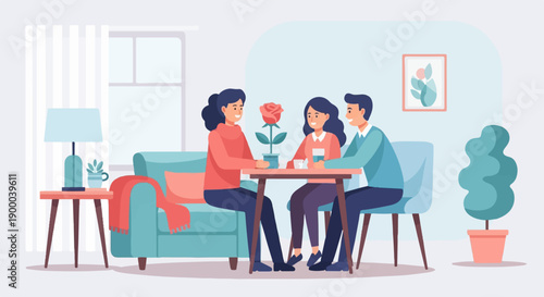 Family enjoys a cozy indoor meal with a flower centerpiece and a lamp