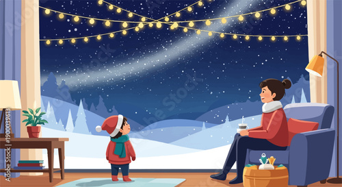 Cozy winter evening with a child and adult admiring snowy landscape