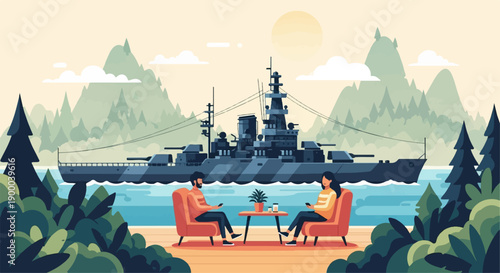 Couple relaxing on a deck with a large warship and mountains in background