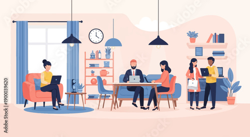 Diverse group collaborates on laptops in a modern, bright office space