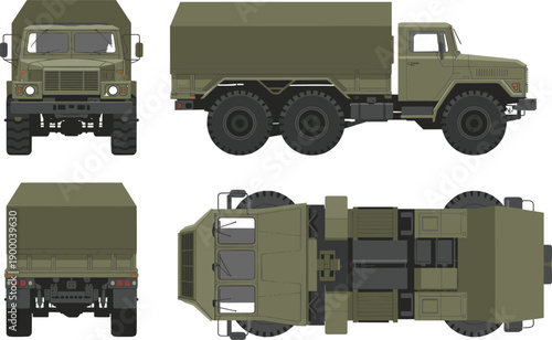 Military cargo truck technical illustration showing front side rear and top views, armored army transport vehicle design isolated on white background