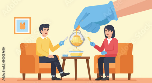 Couple enjoys dessert as a giant hand adds topping from above