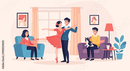 Family enjoys a dance lesson while dog watches from sofa