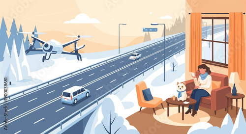 Cozy winter interior with drone and highway view