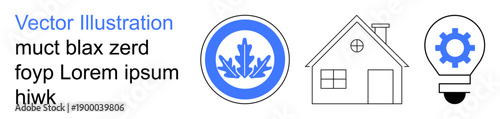 Sustainability, home improvement, energy efficiency, innovation, creativity, environment. Blue leaf emblem, house outline and gear in bulb design. Sustainability and home improvement