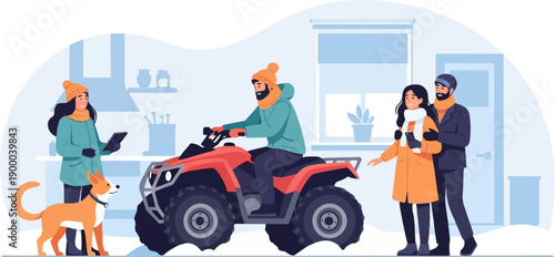 Family gathered in a home with a man on an ATV and a dog