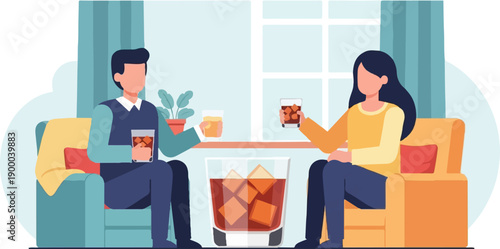 Couple relaxing with drinks in armchairs, beside window
