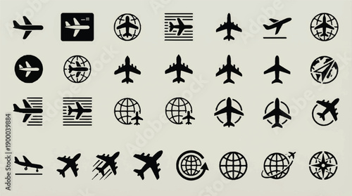 A collection of icons, predominantly featuring airplanes and globes