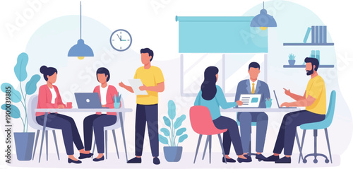 Diverse group collaborates in bright, modern office space with plants