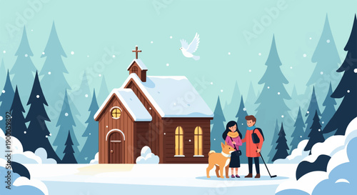 Cozy winter scene with a couple, dog, church, and snowy forest