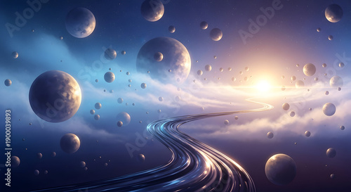 Wallpaper Mural Concept art of a surreal universe with floating orbs, glowing mist, reflective winding trail leading to light, calm fantasy ambiance, smooth gradients, high-quality digital illustration Torontodigital.ca