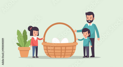 Family gathers around a basket holding eggs with a potted plant nearby