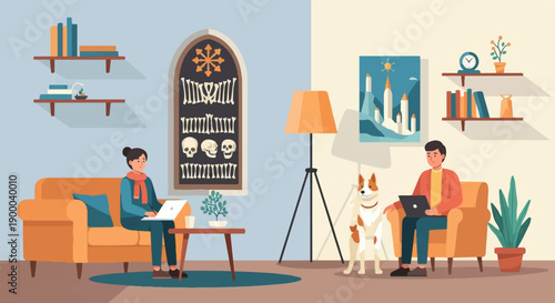 Cozy home scene with two people and a dog working on laptops