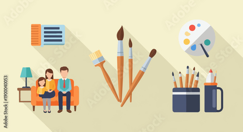 Family gathers around table with art supplies, ticket, and lamp