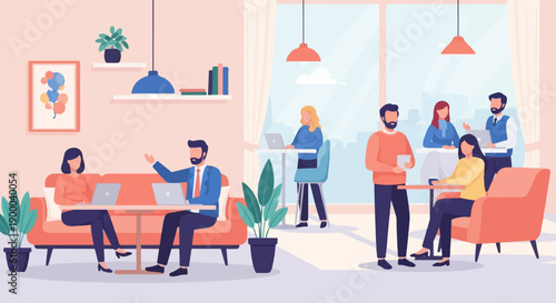 Diverse group collaborates in a modern, open-plan office space with natural light