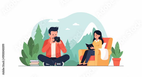 Couple enjoying nature, one with camera, other reading in armchair