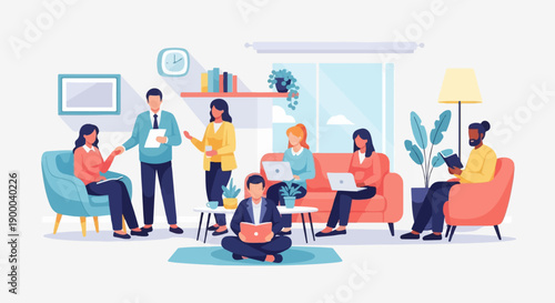 Diverse group collaborates in a modern, bright office lounge