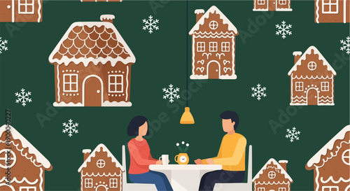 Cozy winter scene with gingerbread houses and couple enjoying drinks