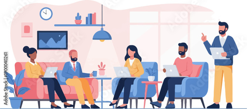 Diverse team collaborating on laptops in a modern, brightly lit co-working space