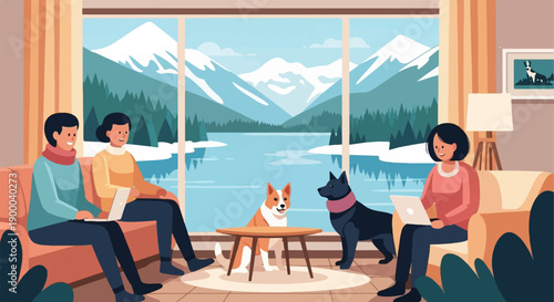 Cozy winter scene with people and dogs indoors, overlooking a serene lake and mountains