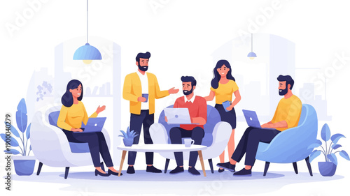 Diverse team collaborating on laptops in a modern office lounge setting