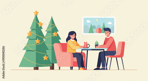Couple enjoying hot drinks at a table with Christmas trees nearby